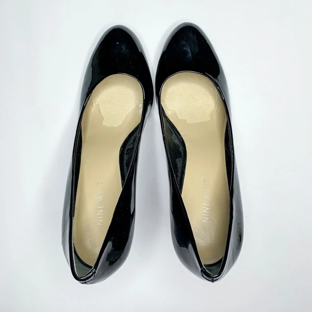 Nine West PAIGE0 Black Pumps Heels Almond Toe Shiny 9.5M Women Dressy
